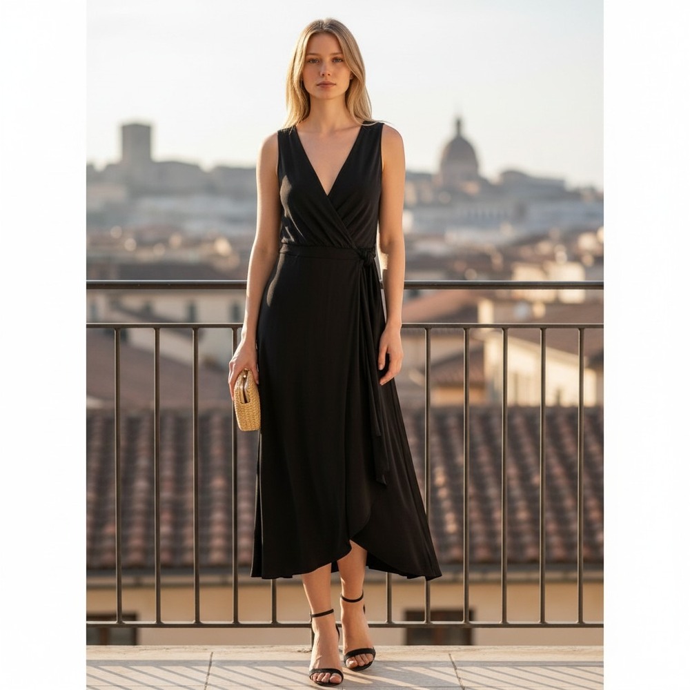 White House Black Market Black Wrap Midi Dress V-Neck Crisscross Back Size 6